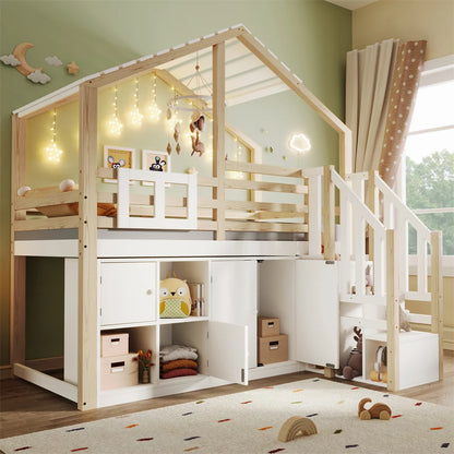 Hoogslaper – Kinderbed – Huisbed – Stapelbed – Hochslaper Kind – Massief Houten Frame – Slimme Opbergruimte Met Kast En Trap