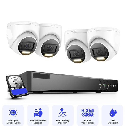 Beveiligingscamera's - Camerabewaking - CCTV Camerasysteem - 4K Dual-Light Ultra HD - 8-Kanaals DVR - H.265+ CCTV Camera Kit - Binnen/Buiten Camera’s - IP67 Weerbestendig – Inclusief 4 Stuks 8MP Camera - Zonder Geïntegreerde Opslag