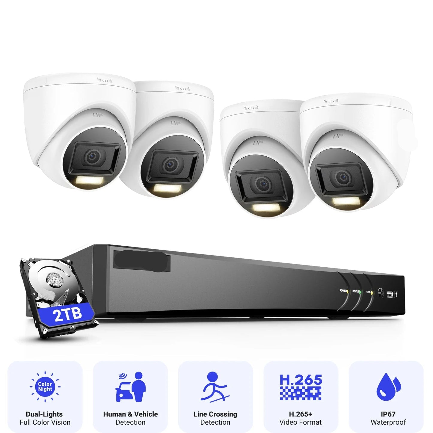 Beveiligingscamera's - Camerabewaking - CCTV Camerasysteem - 4K Dual-Light Ultra HD -8-Kanaals DVR Beveiligingssysteem - H.265+ CCTV Camera Kit - Binnen/Buiten Camera’s - IP67 Weerbestendig – Inclusief 4 Stuks 8MP Camera - 2TB Geïntegreerde Opslag