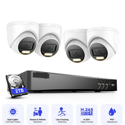 Beveiligingscamera's - Camerabewaking - CCTV Camerasysteem - 4K Dual-Light Ultra HD -8-Kanaals DVR Beveiligingssysteem - H.265+ CCTV Camera Kit - Binnen/Buiten Camera’s - IP67 Weerbestendig – Inclusief 4 Stuks 8MP Camera - 2TB Geïntegreerde Opslag