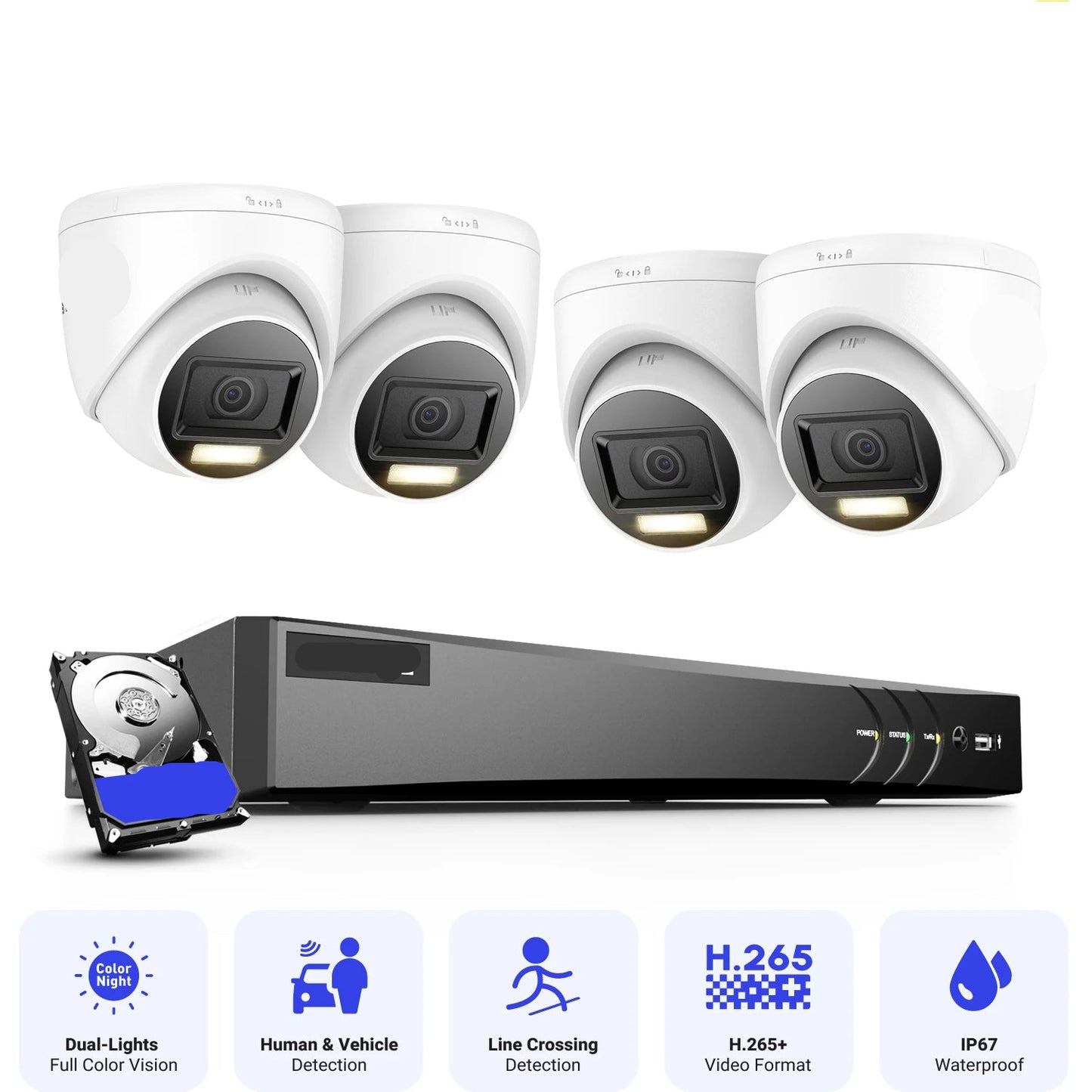 Beveiligingscamera's - Camerabewaking - CCTV Camerasysteem - 4K Dual-Light Ultra HD -8-Kanaals DVR Beveiligingssysteem - H.265+ CCTV Camera Kit - Binnen/Buiten Camera’s - IP67 Weerbestendig – Inclusief 4 Stuks 8MP Camera - 4TB Geïntegreerde Opslag