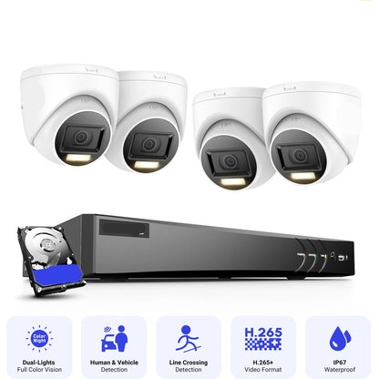 Beveiligingscamera's - Camerabewaking - CCTV Camerasysteem - 4K Dual-Light Ultra HD -8-Kanaals DVR Beveiligingssysteem - H.265+ CCTV Camera Kit - Binnen/Buiten Camera’s - IP67 Weerbestendig – Inclusief 4 Stuks 8MP Camera - 4TB Geïntegreerde Opslag