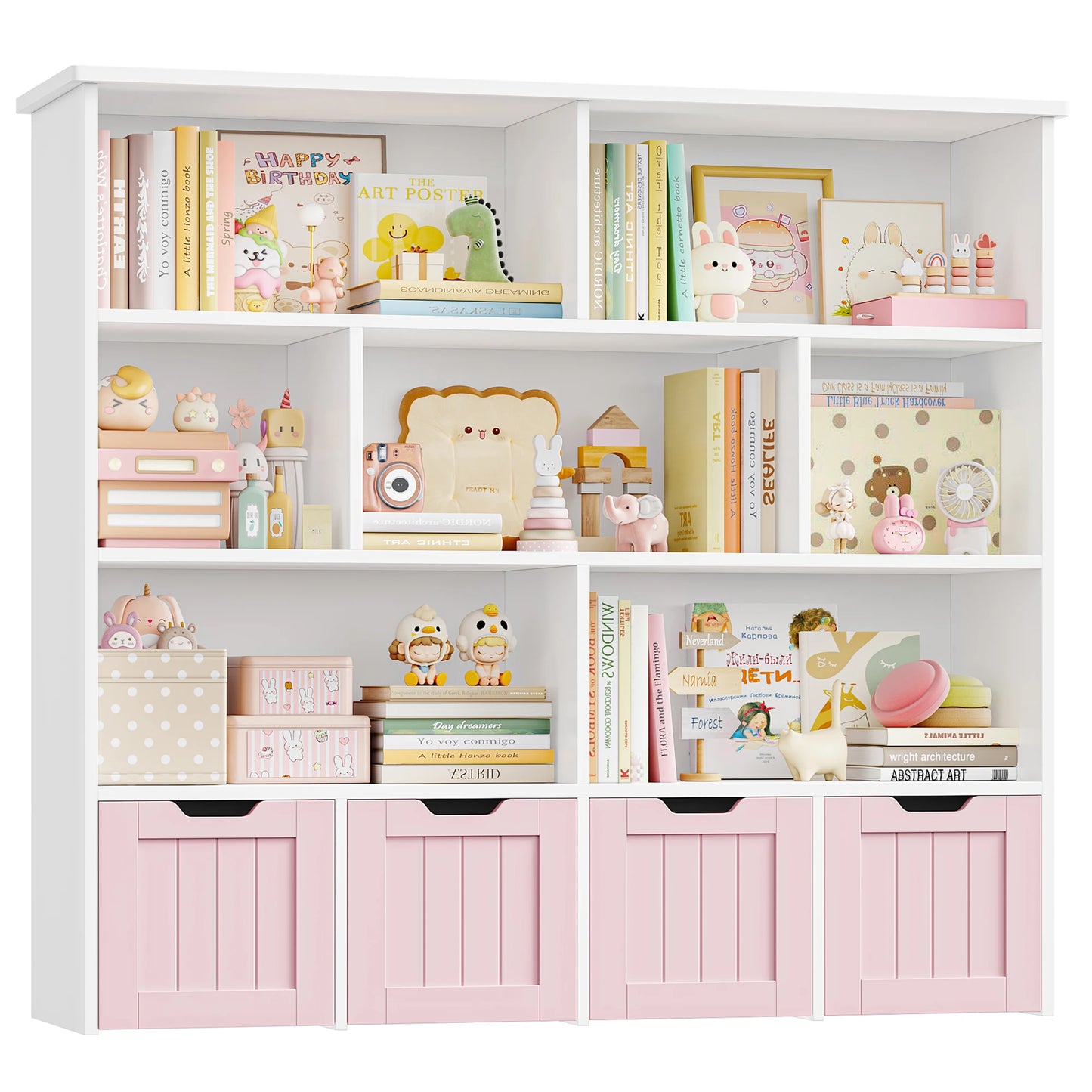 Speelgoedopberger – Speelgoedkast – Kinderboekenkast – Speelkamermeubel – Kinderspeelgoed Organizer – Roze Variant – 125,5x33x118 cm – 4 Lades met 360° Wieltjes
