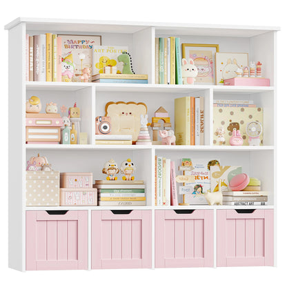 Speelgoedopberger – Speelgoedkast – Kinderboekenkast – Speelkamermeubel – Kinderspeelgoed Organizer – Roze Variant – 125,5x33x118 cm – 4 Lades met 360° Wieltjes