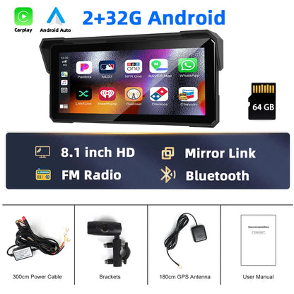 Motorfiets GPS – Motorfiets Navigator – Motor GPS Systeem – Moto Navigatieapparaat – Motorfiets Player – 8,1 Inch Touchscreen – Draadloos CarPlay & Android Auto – IP68 Waterdicht – 32 GB Opslag