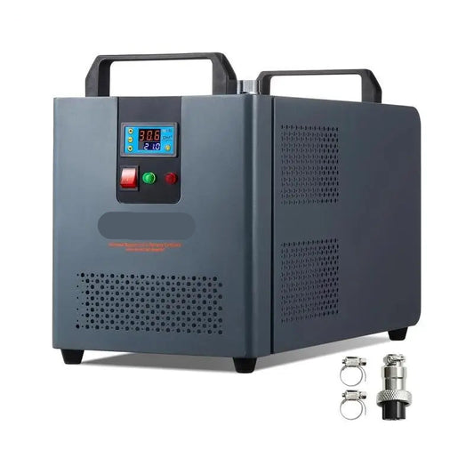 Industriële Waterkoeler - Chiller Industriële - Luchtgekoeld Industrieel Water Chiller - 200W – 12L Waterreservoir – 7.8 L/min – Compressor Koelsysteem – Geschikt voor CO₂ Lasers tot 100W – Waterchiller met Alarmfuncties - Grijs