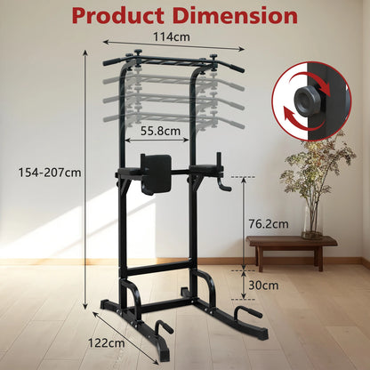 Power Tower – Fitnessstation – Thuisgym – Krachtstation – Workoutapparaat – Draagvermogen Tot 200 Kg – In Hoogte Verstelbaar - 225 x 97 x 207 - Zwart - QUORE