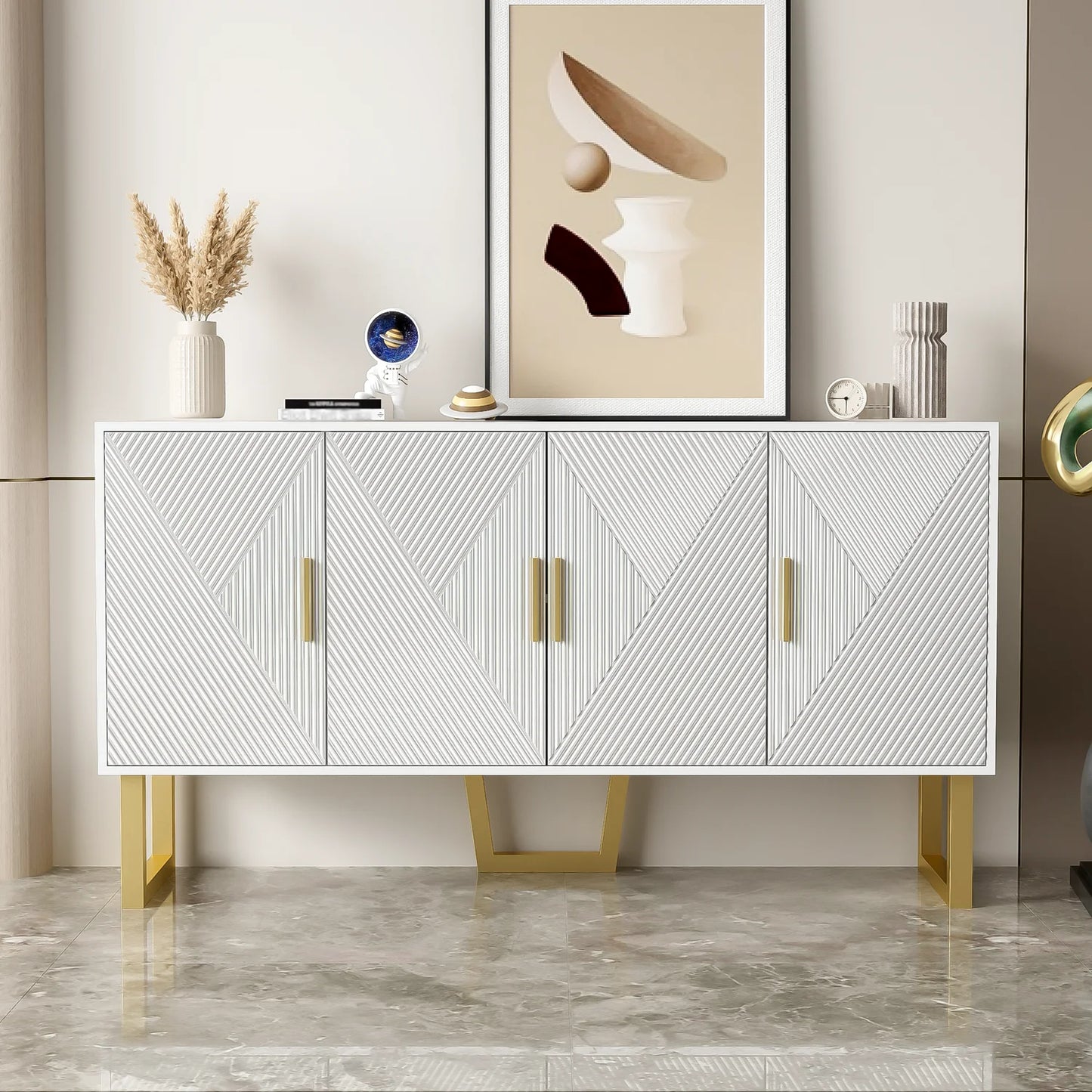 Dressoirkast – Dressoir – Opbergkast – Kast – Witte Kast – Hoogglans Deuren – Matte Gouden Pooten