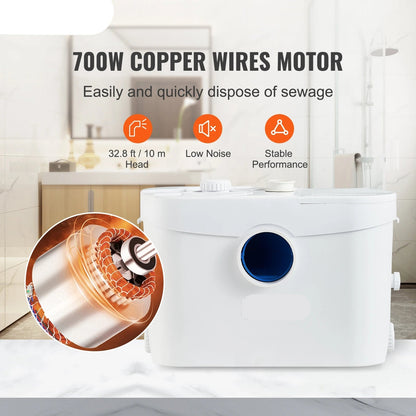 Macerator Pomp - Waterpomp - Vuilwaterpomp - 700W - 9600 L/h Capaciteit - 10m Opvoerhoogte - 3 Inlaten voor Afvalwater Afvoer