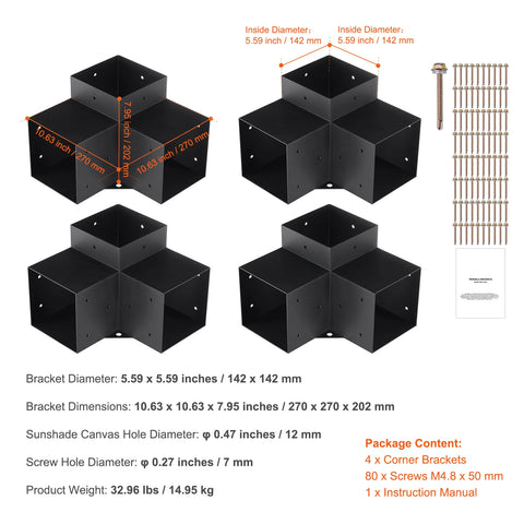 Pergola - Pergola Bracket Kit - Pergola Metal - Pergola Kit - Pergola Corner Connection - 6x6inch - 3 Way Easy Installation - For Gazebos Patio Pergolas Log Cabin Outdoor Hardware - 4PCs