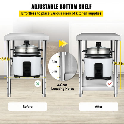 Roestvrijstalen Werktafel - Keukentafel - Keuken Werktafel - Keukeneiland - Werkbank - Verstelbare Onderniveau - 72x30x34inch - Industriële Werktafel RVS - Met Opbergruimte