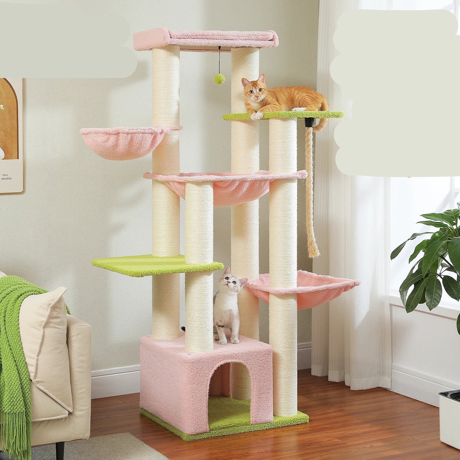 Krabpaal - Kattenkrabpaal - Krabton - Kattenboom - Krabpalen - Kattenhuis - met Meerdere Verdiepingen, Hangmat en 11 Sisalpalen - Ideaal voor Grote Katten - Beige - QUORE