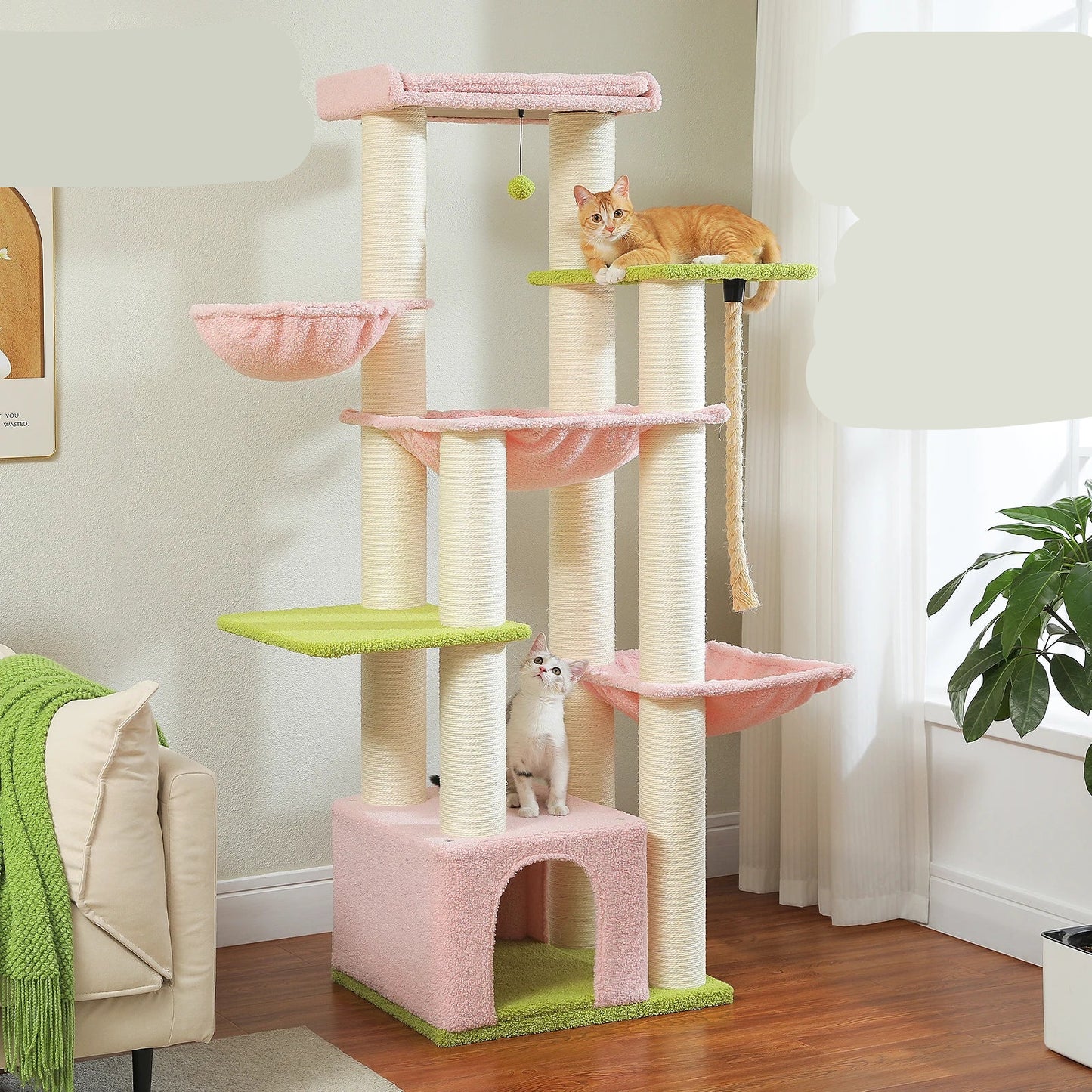 Krabpaal - Kattenkrabpaal - Krabton - Kattenboom - Krabpalen - Kattenhuis - Robuuste Klimtoren met Meerdere Verdiepingen - 11 Sisalpalen en Extra Grote Ligplateaus - met Hangmat - Lichtroze