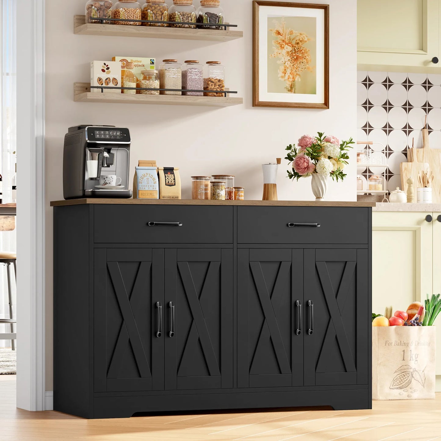 Keukenbuffet – Kast – Dressoir – Opbergkast – Buffetkast – Zwart – 120 cm Breed Werkblad – 2 Lade(s) en 4 Deuren – Duurzaam Technisch Hout