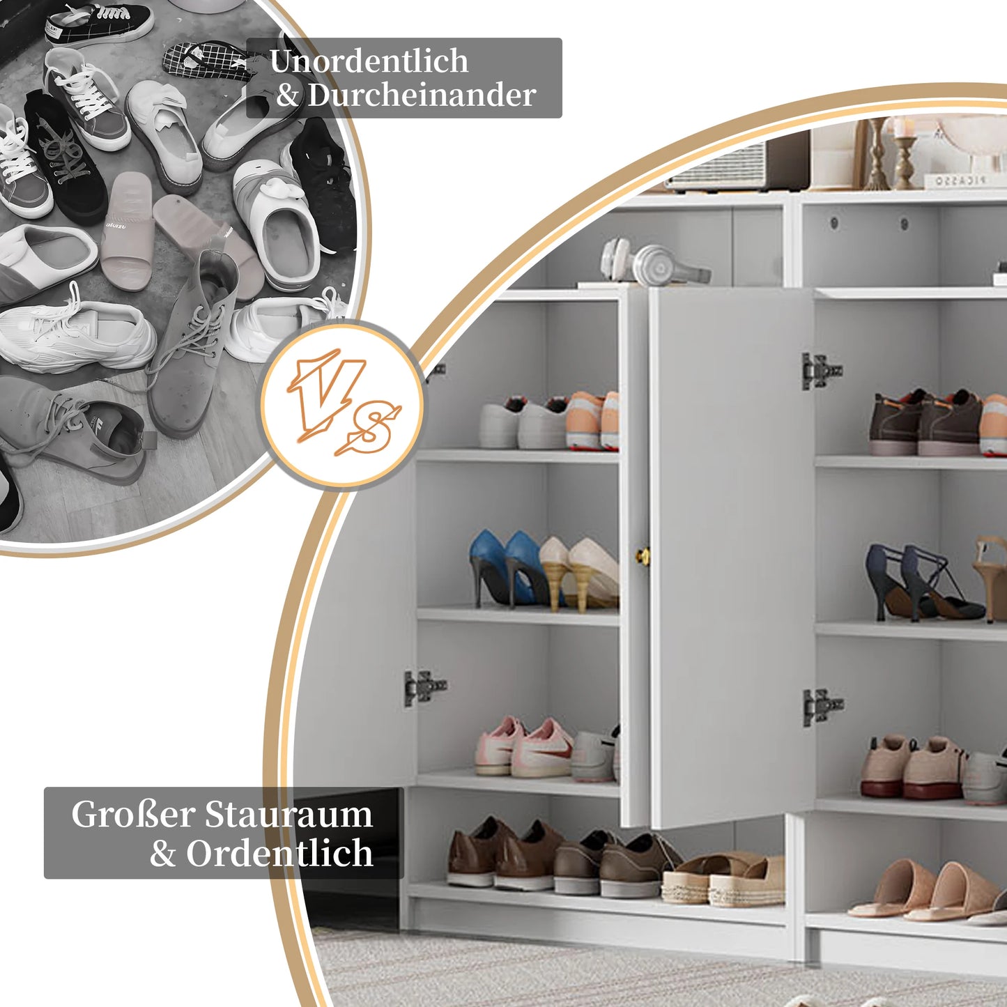 Schoenenkast – Schoenopberger – Schoenenschrank – Schoenenkastje – Schoenenmeubel – Grote Capaciteit – Verstelbare Legplanken – Wit Spaanplaat – Gouden Handgrepen