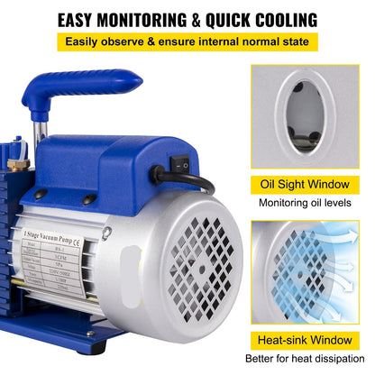 Vacuümpomp - Koelmiddel vacuümpomp - Koelgereedschappen - HVAC-koeling - 4000 psi - 3 CFM, 1/4 pk, 1 fase - met verdeelstukmeter - Blauw