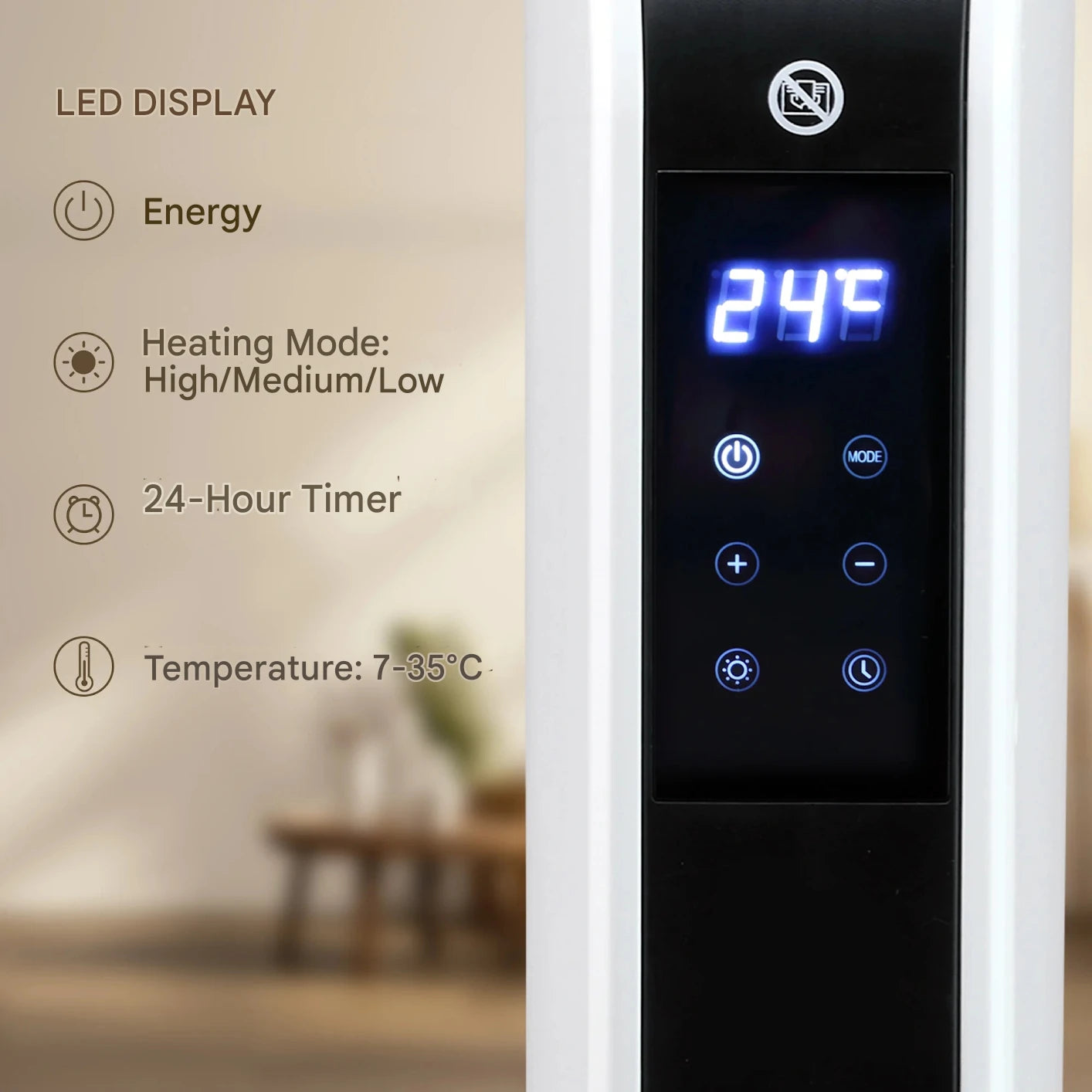Elektrische Kachel - Ventilatorkachel - Laag Verbruik Kachel - 1830-2180W - met 3 Verwarmingsstanden - LED-Aanraakscherm - 220-240V - 50-60Hz - 12-18 m² - 60 x 18.5 x 39.5 cm - Wit