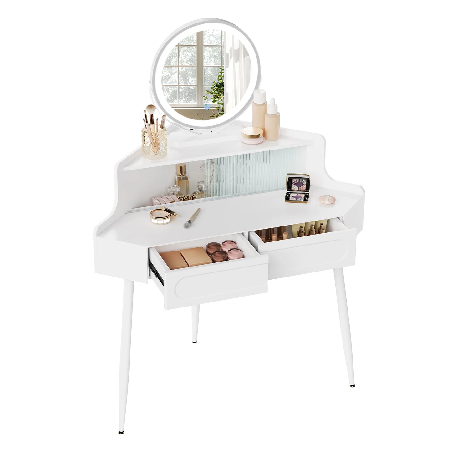 Hoekmake-uptafel – Kaptafel – Make-uptafel – Sieradentafel – Wit – Verstelbare Spiegel Met Verlichting – Ruimtebesparend Ontwerp