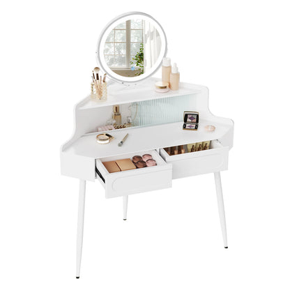 Hoekmake-uptafel – Kaptafel – Make-uptafel – Sieradentafel – Wit – Verstelbare Spiegel Met Verlichting – Ruimtebesparend Ontwerp