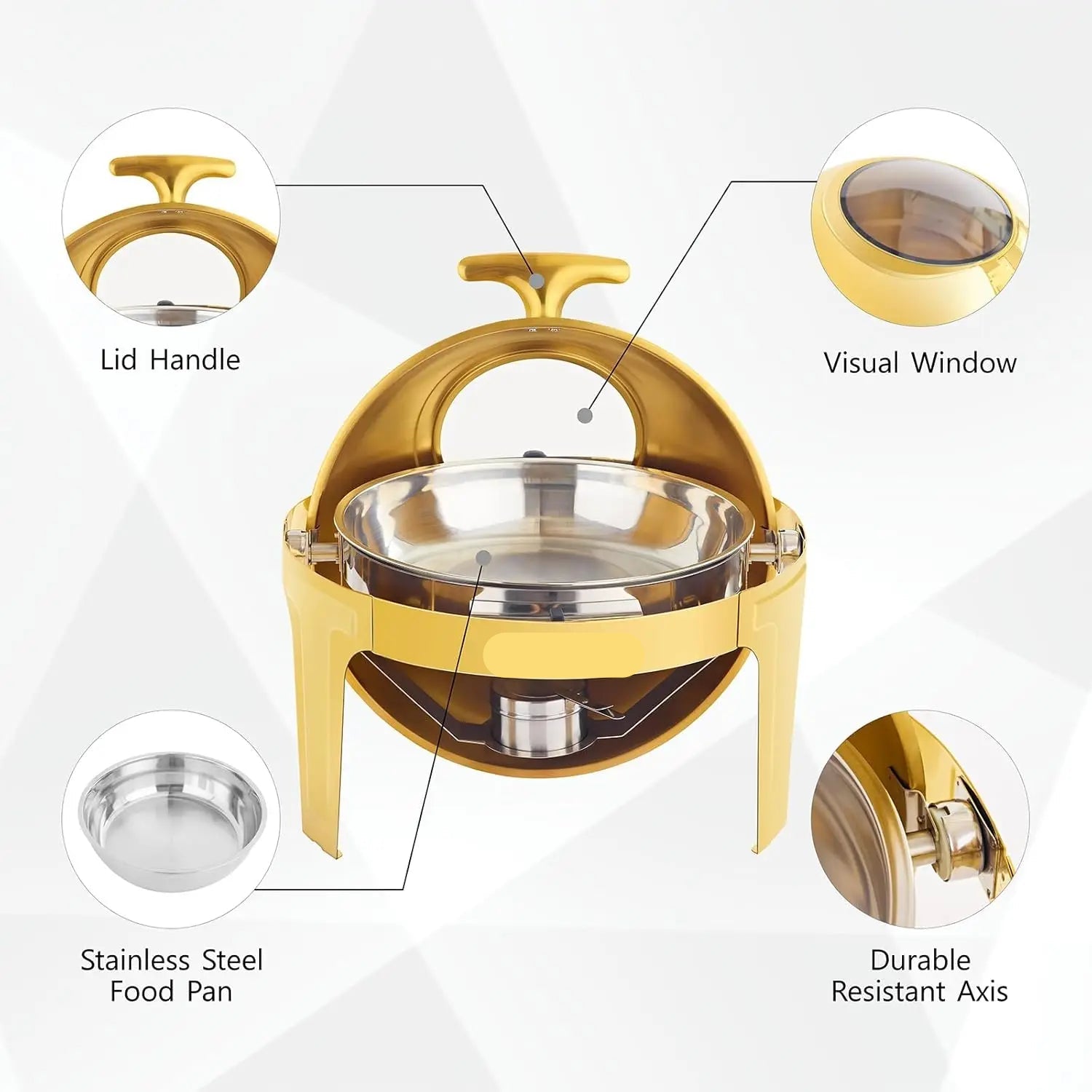 Chafing Dish - Warmhoudplaat - Buffetwarmer Set - Rechaud - Ronde RVS Warmer - 1 Stuks - 6QT - met Stevig Frame voor Feest en Bruiloft - Goud - QUORE