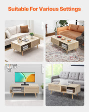 Koffietafel - Table - Coffe table - Living Room Table - Rotan salontafel - Rechthoekige salontafel - Moderne Boho-stijl - 2 lagen opbergruimte - Salontafel voor woonkamer/slaapkamer - 47 inch