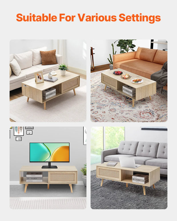 Koffietafel - Table - Coffe table - Living Room Table - Rotan salontafel - Rechthoekige salontafel - Moderne Boho-stijl - 2 lagen opbergruimte - Salontafel voor woonkamer/slaapkamer - 47 inch