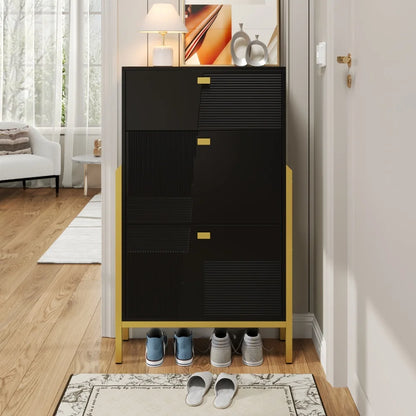 Schoenenrek – Schoenenkast – Opbergkast – Schoenrek – Schoenopberger – Dubbele Planken – Gouden Accenten - 65 x 120,5 x 25 cm - Zwart