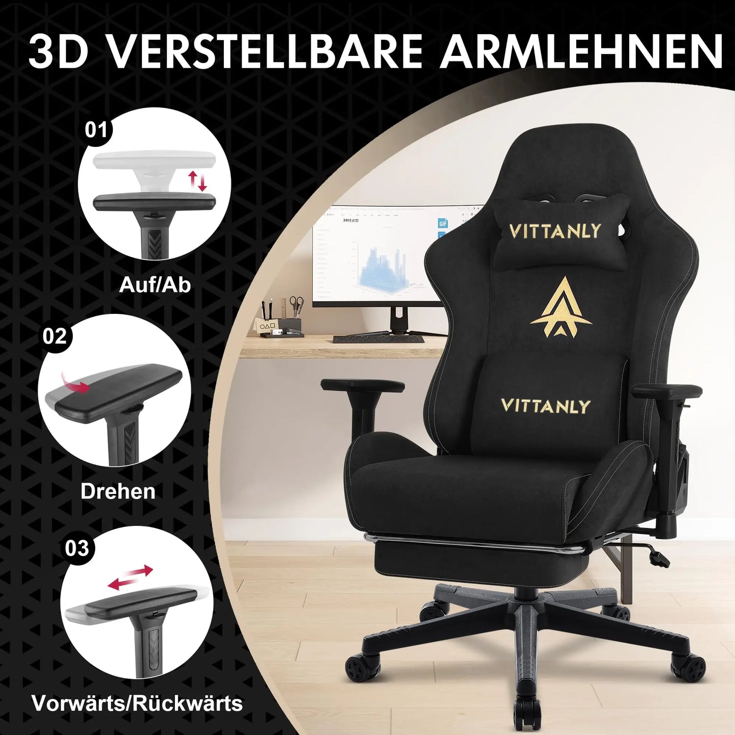 Gamingstoel – Bureaustoel – Gamedraaistoel – Computerstoel – Office Chair – Verstelbare Rugleuning 90-155° – Uitschuifbare Voetsteun – Zwart – Ergonomisch Nep-suède