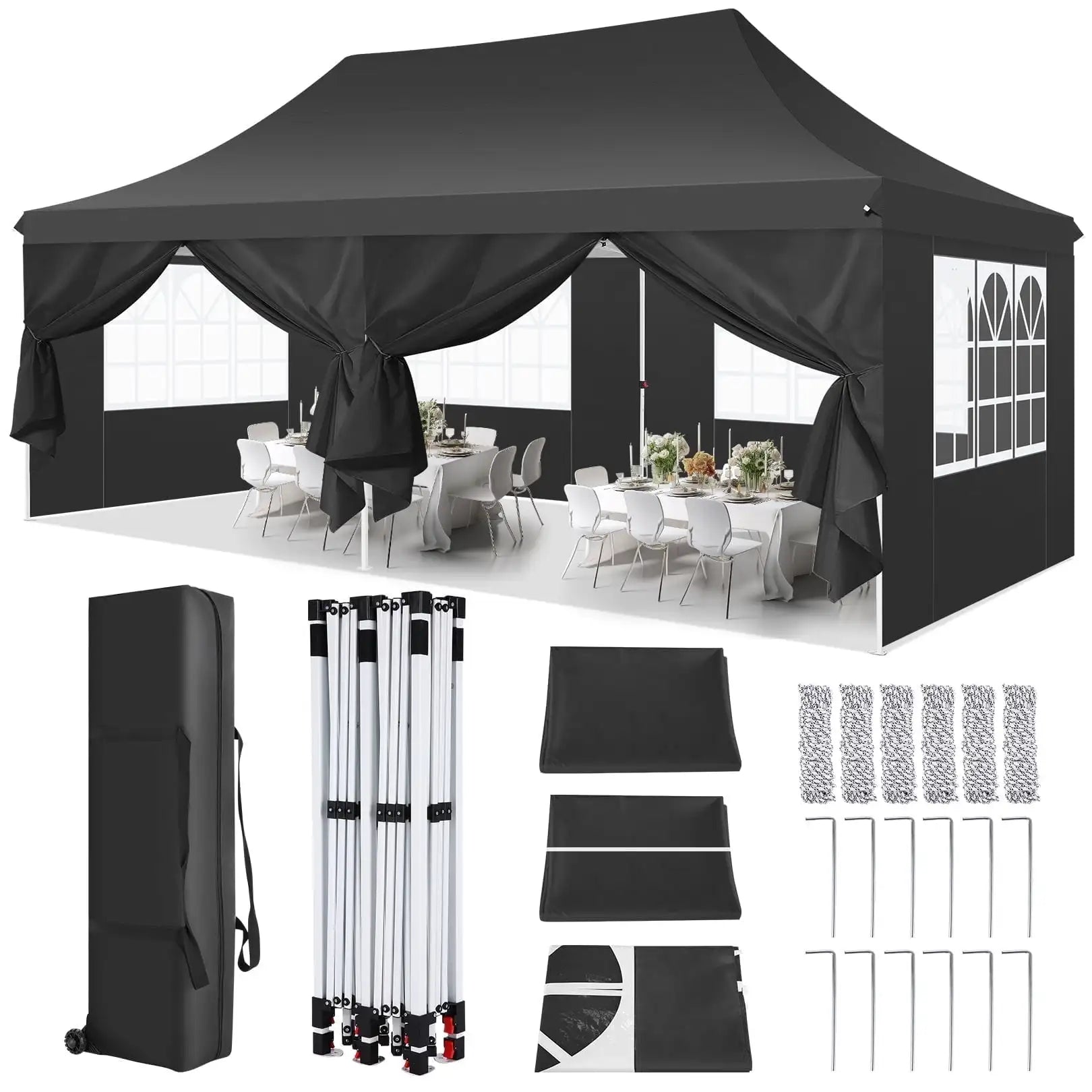 Partytent - Tent - Paviljoen - Partytenten - 3x6m - Waterdicht Party Tent - Opvouwbare - UV 50+ Bescherming – Hoogte Verstelbaar – Inclusief Zijpanelen & Zandzakken - Zwart - QUORE