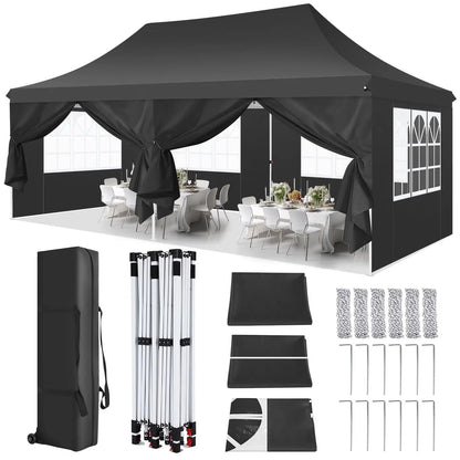Partytent - Tent - Paviljoen - Partytenten - 3x6m - Waterdicht Party Tent - Opvouwbare - UV 50+ Bescherming – Hoogte Verstelbaar – Inclusief Zijpanelen & Zandzakken - Zwart - QUORE