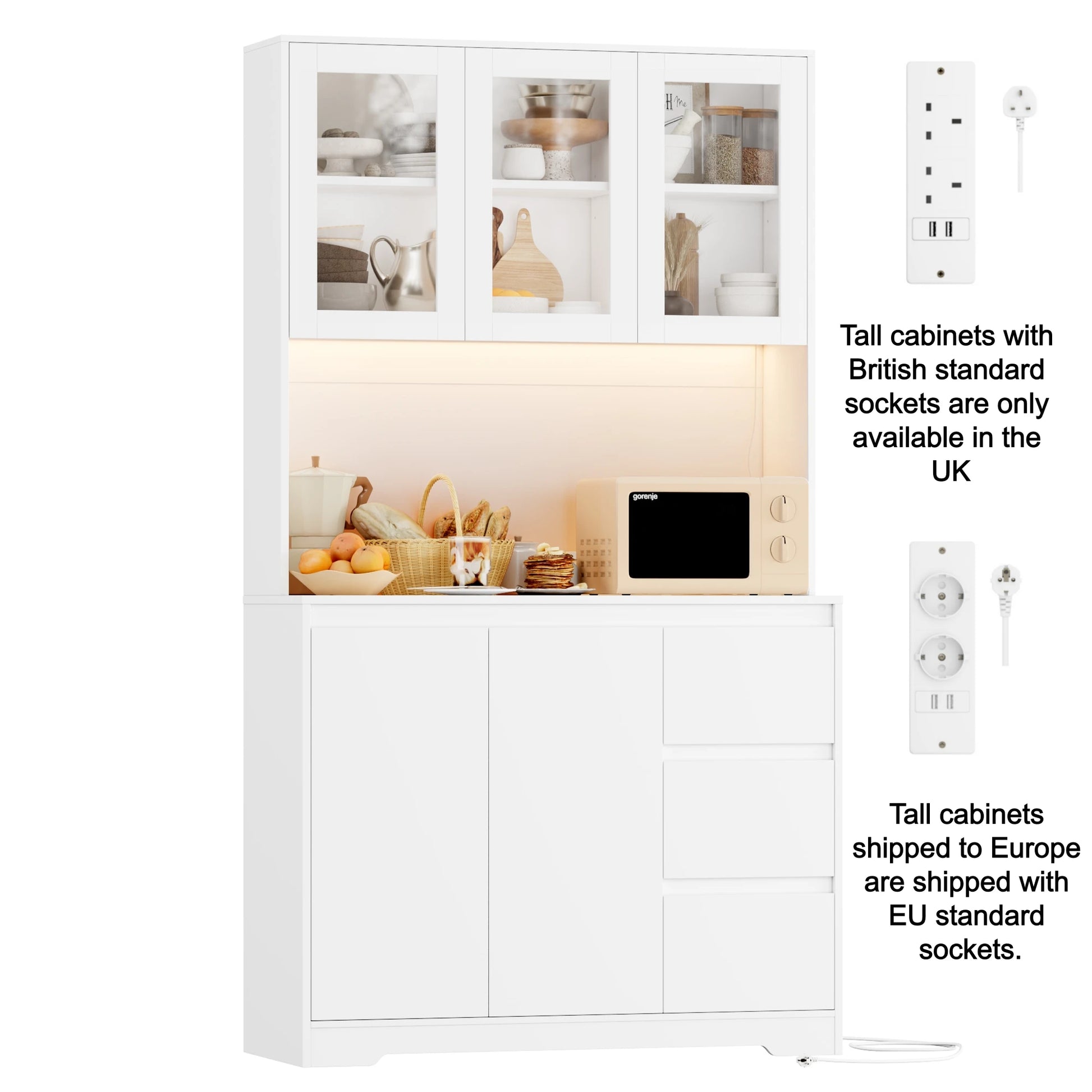 Keukenbuffet – Keukenkast – Buffetkast – Keukenopberger – Keukenmeubel – Wit – Met LED-verlichting – Stopcontacten met USB – 180 cm Hoog – 6 Verstelbare Planken – 3 Lades - QUORE