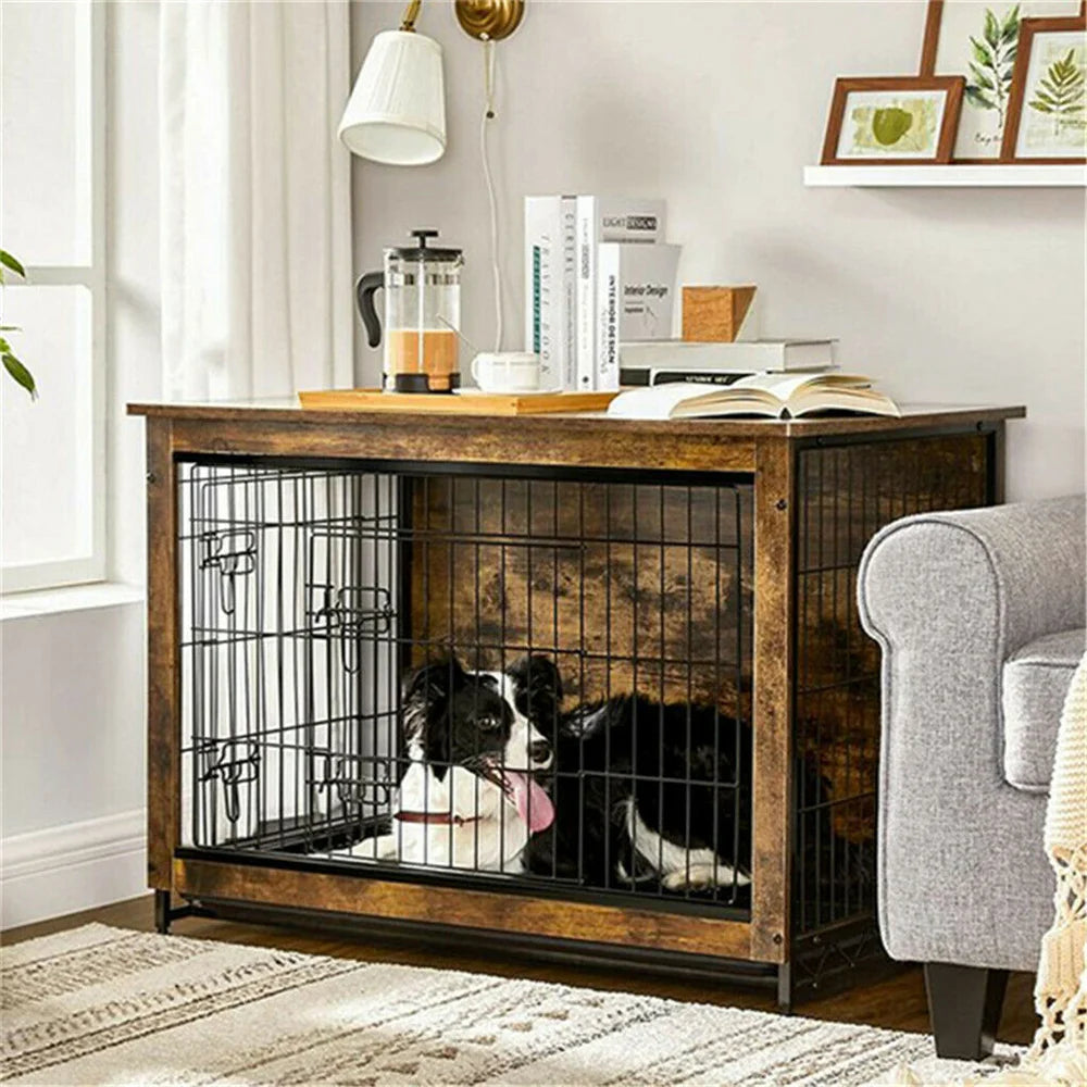 Houten Hondenbench - Hondenkennel Hout - Binnenbench - Dubbele Deur - Hondenhuis - Bijzettafel - Industrieel - 3-in-1 Ontwerp - Middelgroot