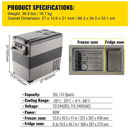 Auto Koelbox - Compressor Koelkast - Koelbox - Compressor Koelbox - Camping Koelkast - met Vriezerfunctie - 55L - 12V/24V & 230V AC - 45dB - -20°C tot +20°C - Voor Camping - Auto - Boot & Buitenactiviteiten