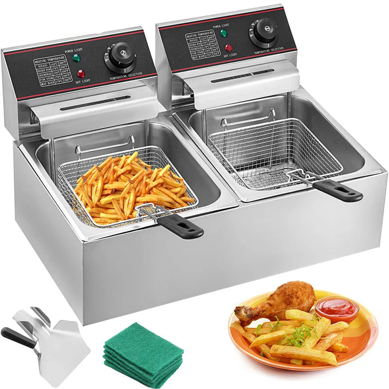 Dubbele Frituurpan - 12L - Frituurpan – Elektrische - 5000W – RVS – Instelbare Thermostaat – Voor Horeca - en Thuisgebruik - Krachtig - en Snel Opwarmen