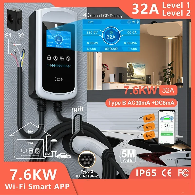 EV Laadpaal – Oplaadstation – Elektrische Auto Lader – Slimme Laadpaal – Dynamische Load Balancing – 7.6KW - 32A - 1 phase - Type 2 – IP65 Waterdicht - QUORE
