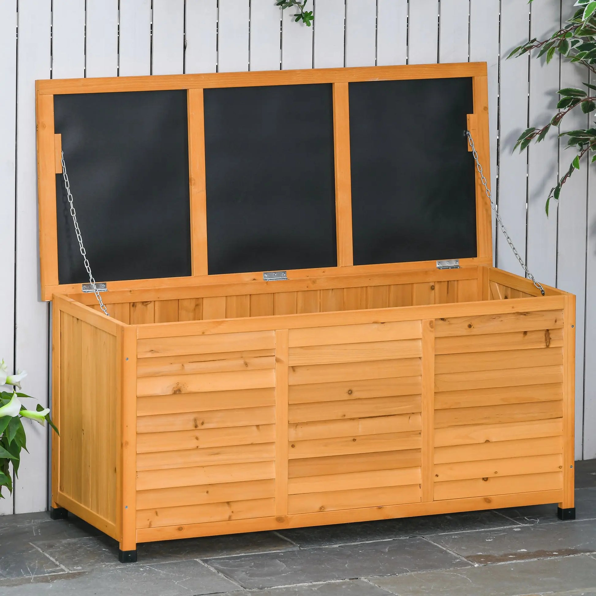 Tuinbox - Tuinkussenbox - Buitenkast - Tuinspullen - met Open Deksel - Luikontwerp - Stevig - Duurzaam - voor Tuin - Terras - Buiten - Hout - 127 x 56 x 60 cm - Natuurlijk Hout - QUORE