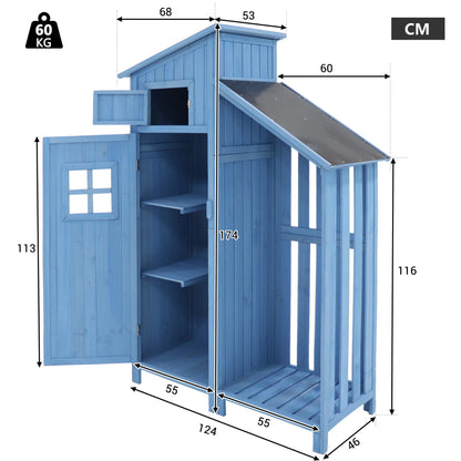 Houten Tuinkast - Buitenkast - Gereedschapsschuur - Gereedschapskast - Gereedschapshuisje - met Schappen - Waterdicht Tuinhuisje - 124x46x174 cm - Voor Balkon - Tuin - en Terras - Blauw