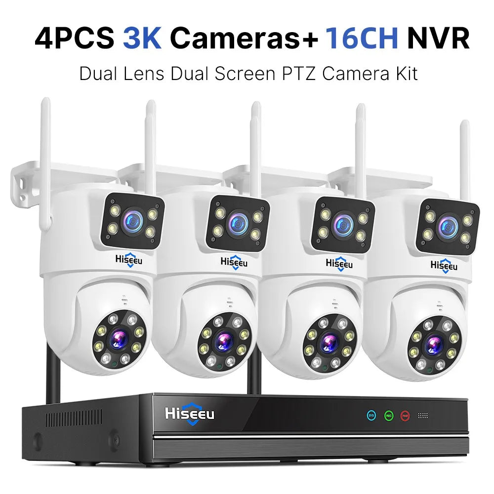 Draadloos Bewakingssysteem – CCTV Beveiligingsset – NVR Camera Systeem – Veiligheidscamera Set – 16-Kanaals Met 4 HD Camera’s – 3TB HDD – 6MP Dual-Lens Met Nachtzicht & AI Menselijke Detectie - QUORE