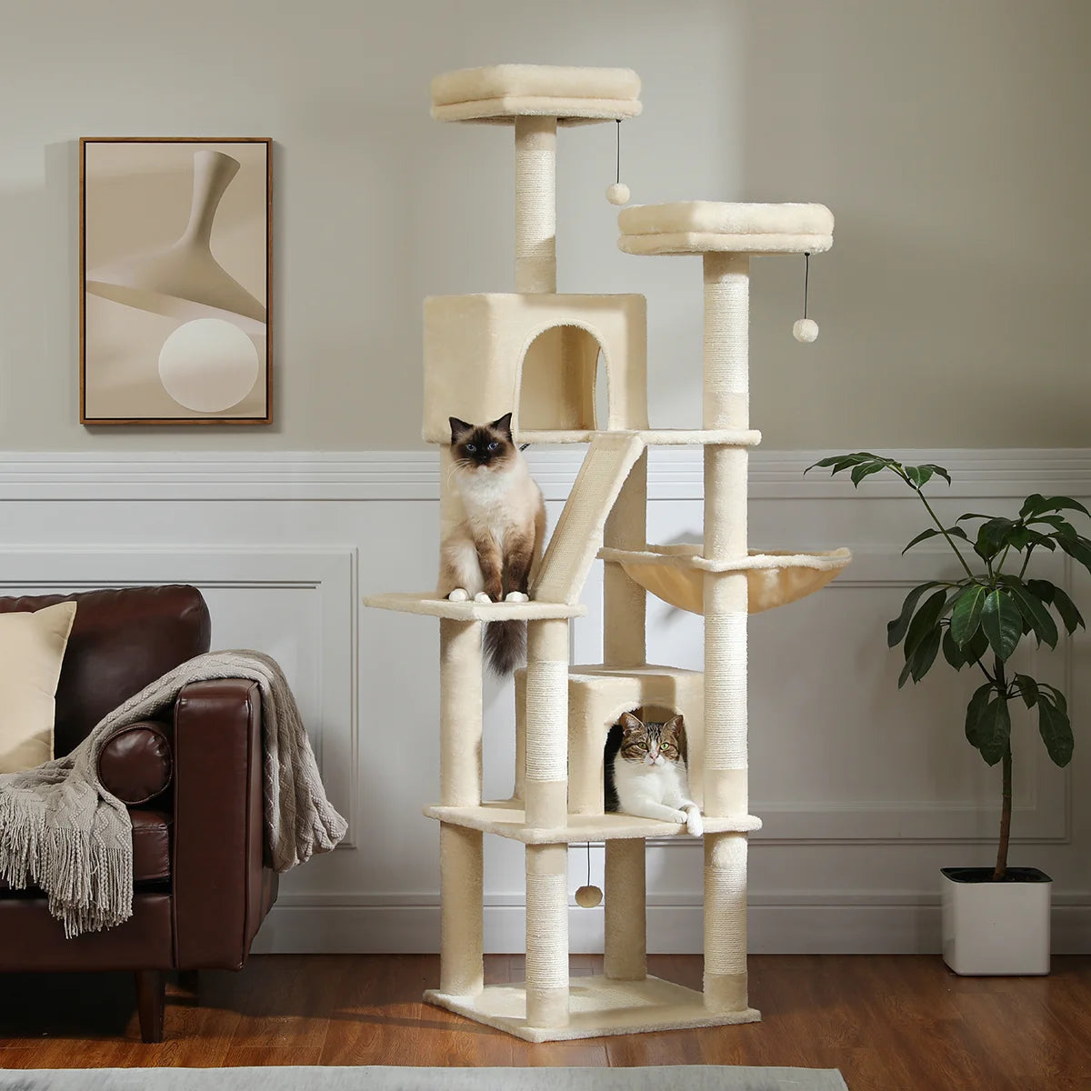 Kattenboom - voor Grote Binnenkatten – Krabpaal - Hoog Kattenmeubel - met Natuurlijke Sisal Krabpalen - Extra Grote Hangmat - 2 Kattenhuisjes - Meerdere Verdiepingen – Arbre a Chat - 180cm - Beige