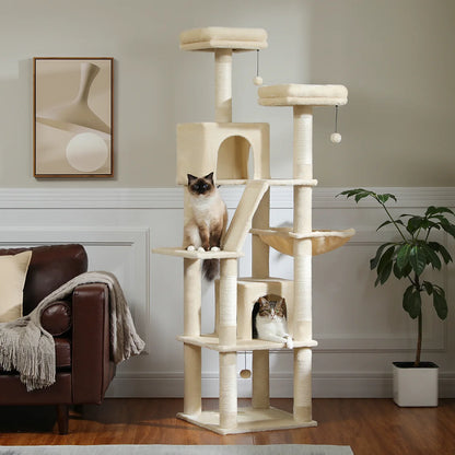 Kattenboom - voor Grote Binnenkatten – Krabpaal - Hoog Kattenmeubel - met Natuurlijke Sisal Krabpalen - Extra Grote Hangmat - 2 Kattenhuisjes - Meerdere Verdiepingen – Arbre a Chat - 180cm - Beige