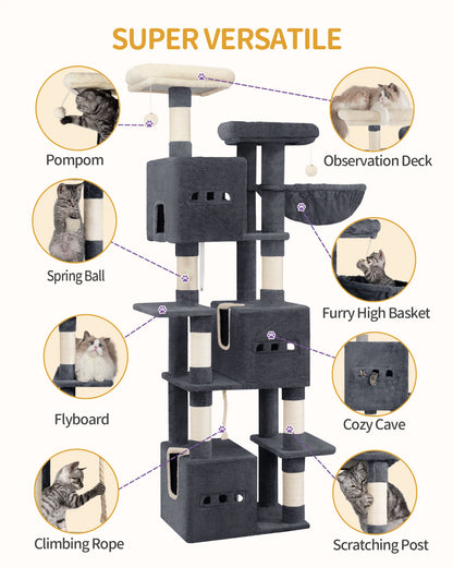 193cm Large Cat Tree, XXL Cat Climbing Frame, 7-Tier Cat Tree with 7 Scratching Posts, 3 Caves, 3 Pom Poms, and 2 Platforms