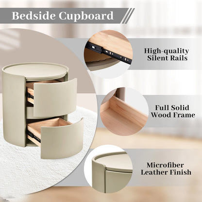 Ronde Nachtkastje – Bijzettafeltje – Bedkastje – Opbergkastje – Ladeblok – Grijs – Modern Houten Frame – Zadel-Leerlook Blad