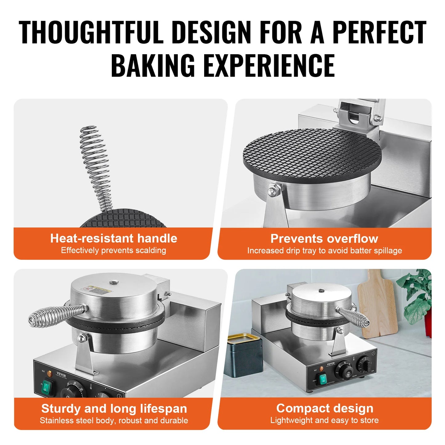 Wafelijzer - Wafelmaker - Ronde Wafelmaker - Wafelmix - Wafel Cone Maker   - Poffertjesmaker - Poffertjespan - Poffertjespan Inductie - 1230W Non-Stick RVS Wafelijzer met Instelbare Temperatuur en Timer - QUORE