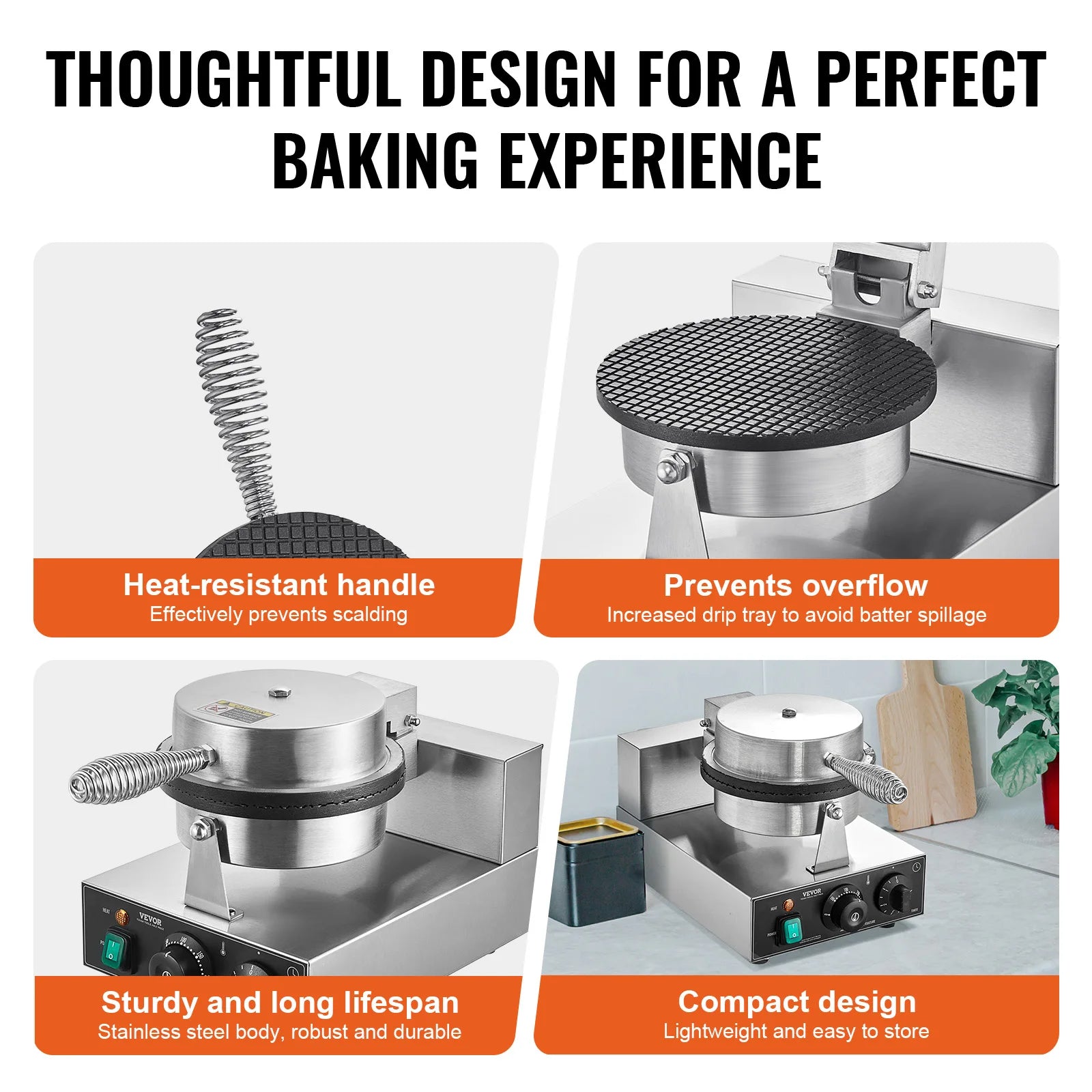 Wafelijzer - Wafelmaker - Ronde Wafelmaker - Wafelmix - Wafel Cone Maker   - Poffertjesmaker - Poffertjespan - Poffertjespan Inductie - 1230W Non-Stick RVS Wafelijzer met Instelbare Temperatuur en Timer - QUORE