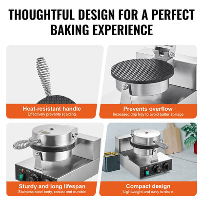 Wafelijzer - Wafelmaker - Ronde Wafelmaker - Wafelmix - Wafel Cone Maker   - Poffertjesmaker - Poffertjespan - Poffertjespan Inductie - 1230W Non-Stick RVS Wafelijzer met Instelbare Temperatuur en Timer - QUORE