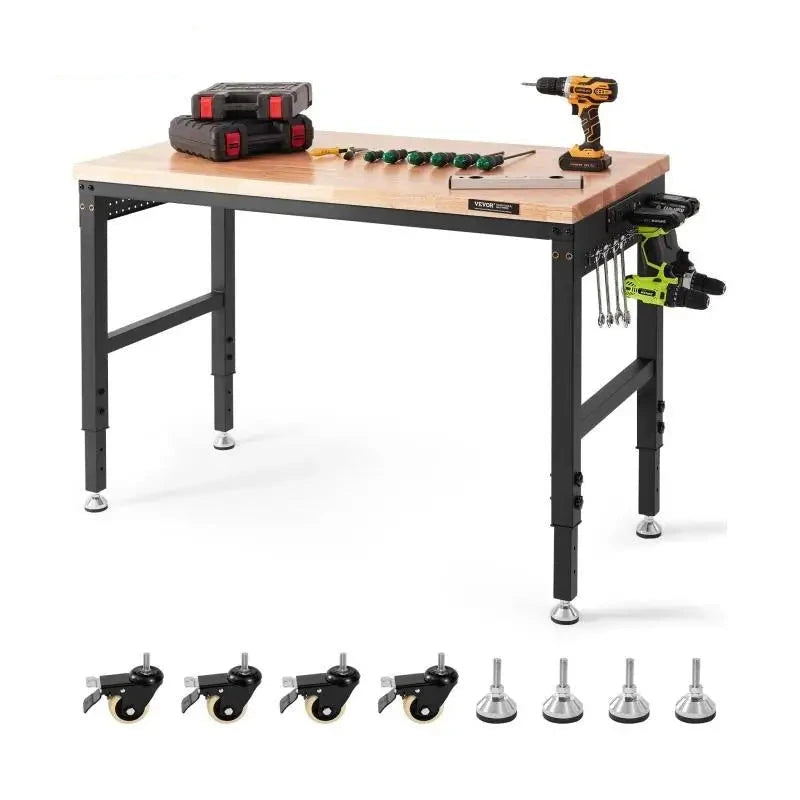 Verstelbare Werkbank - Werktafel - Industriële Werkbank - Garage Werkbank - met Wielen - 48x24inch - 2000lbs - Hoogte Verstelbaar - Houten Werktafel - Met Stopcontacten & Opberghaakjes – Mobiele Werktafel - voor Garage - Werkplaats