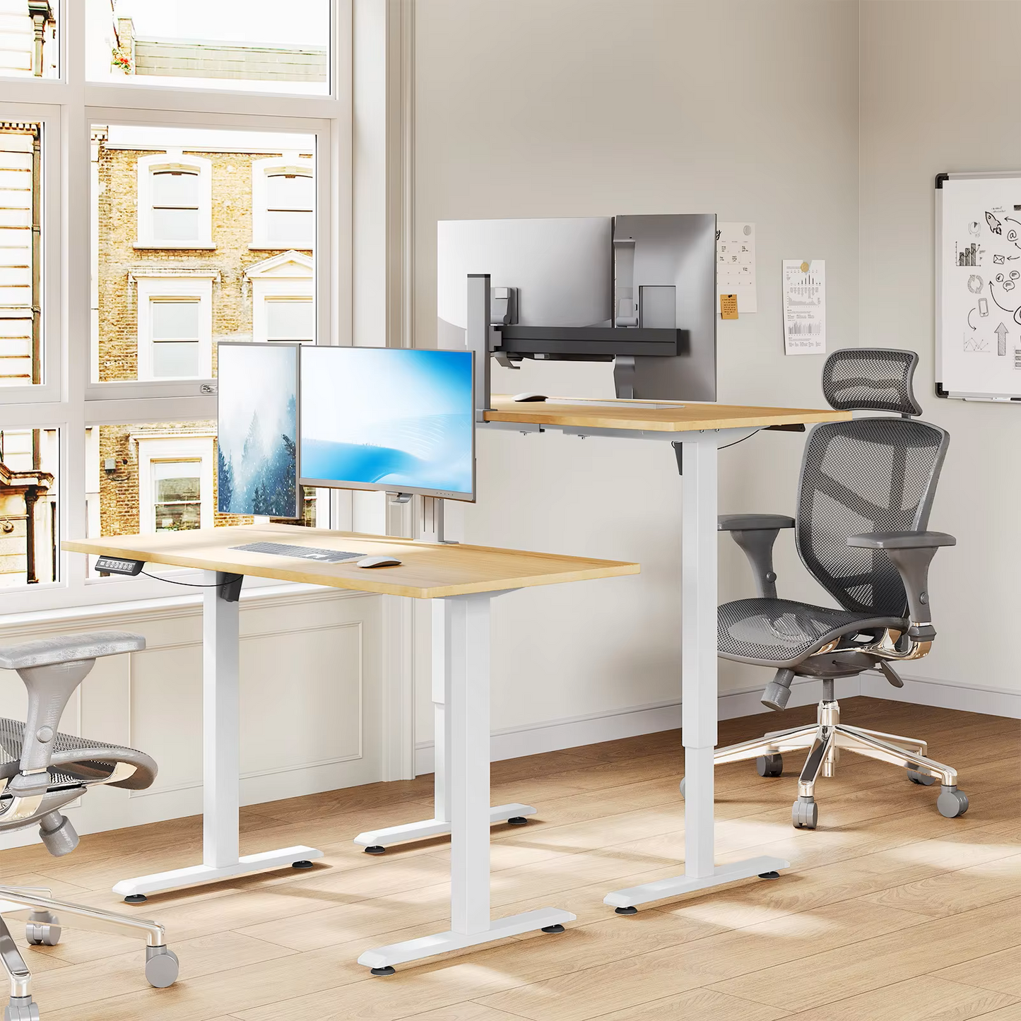 Bureauframe - Elektrisch Sta-bureaubeugel - Hefbureauframe - Verstelbaar - met USB-oplaadpoort - Geheugenbediening - voor Thuiskantoor - 29V - 60 x 135 x 120 cm - Wit - QUORE