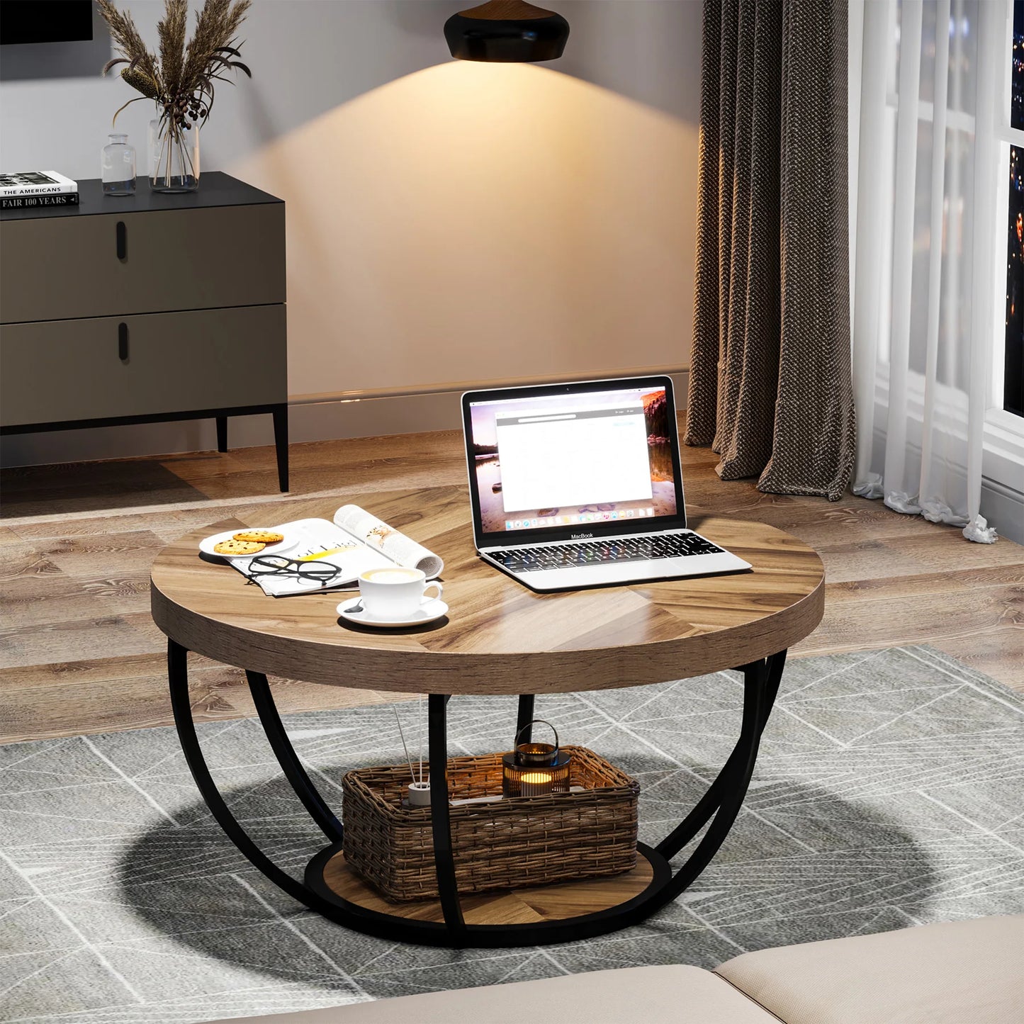 Ronde Salontafel – Bijzettafel – Koffietafel – Woonkamertafel – Houten Tafel – 80 Cm Diameter – Stevige Metalen Poten - Bruin - QUORE