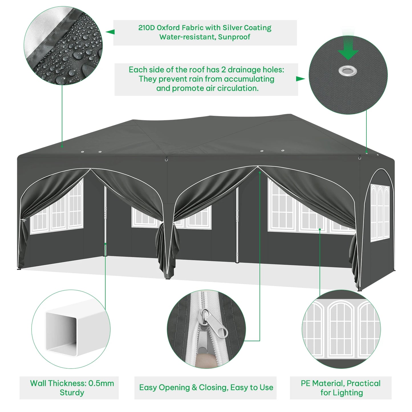 Paviljoen - Tuinpaviljoen - Partytent - Tuintent - Pop-up Kliksysteem - Stabiel - Vouwtent - Opvouwbaar - Weerbestendig - met 6 Zijwanden - 50+UV-Bescherming - voor Tuin - Buiten - Achtertuin - 210D Oxford - 3 x 6 m - Grijs - QUORE