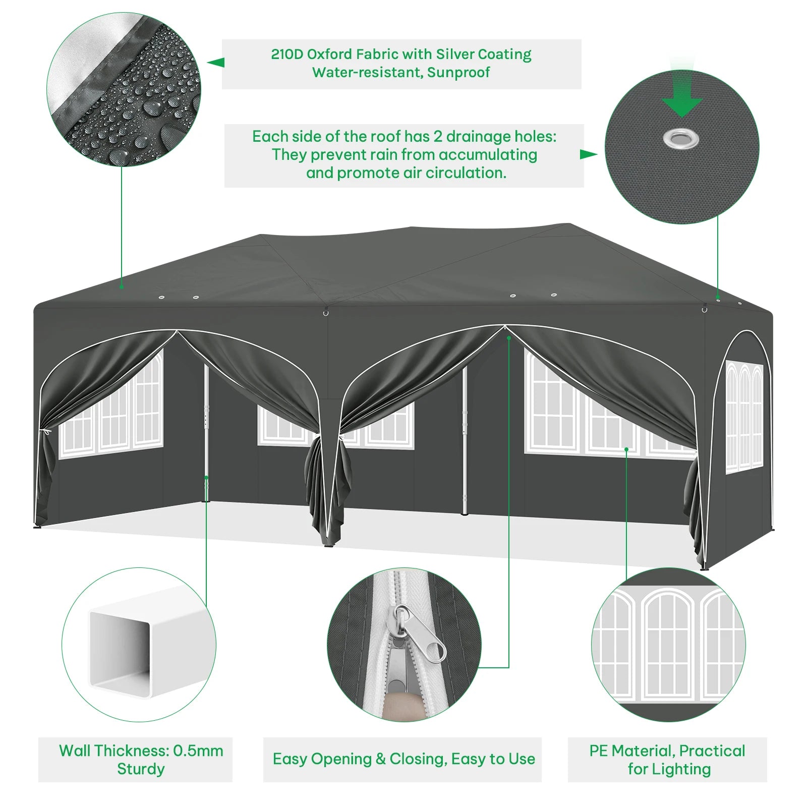 Paviljoen - Tuinpaviljoen - Partytent - Tuintent - Pop-up Kliksysteem - Stabiel - Vouwtent - Opvouwbaar - Weerbestendig - met 6 Zijwanden - 50+UV-Bescherming - voor Tuin - Buiten - Achtertuin - 210D Oxford - 3 x 6 m - Grijs - QUORE